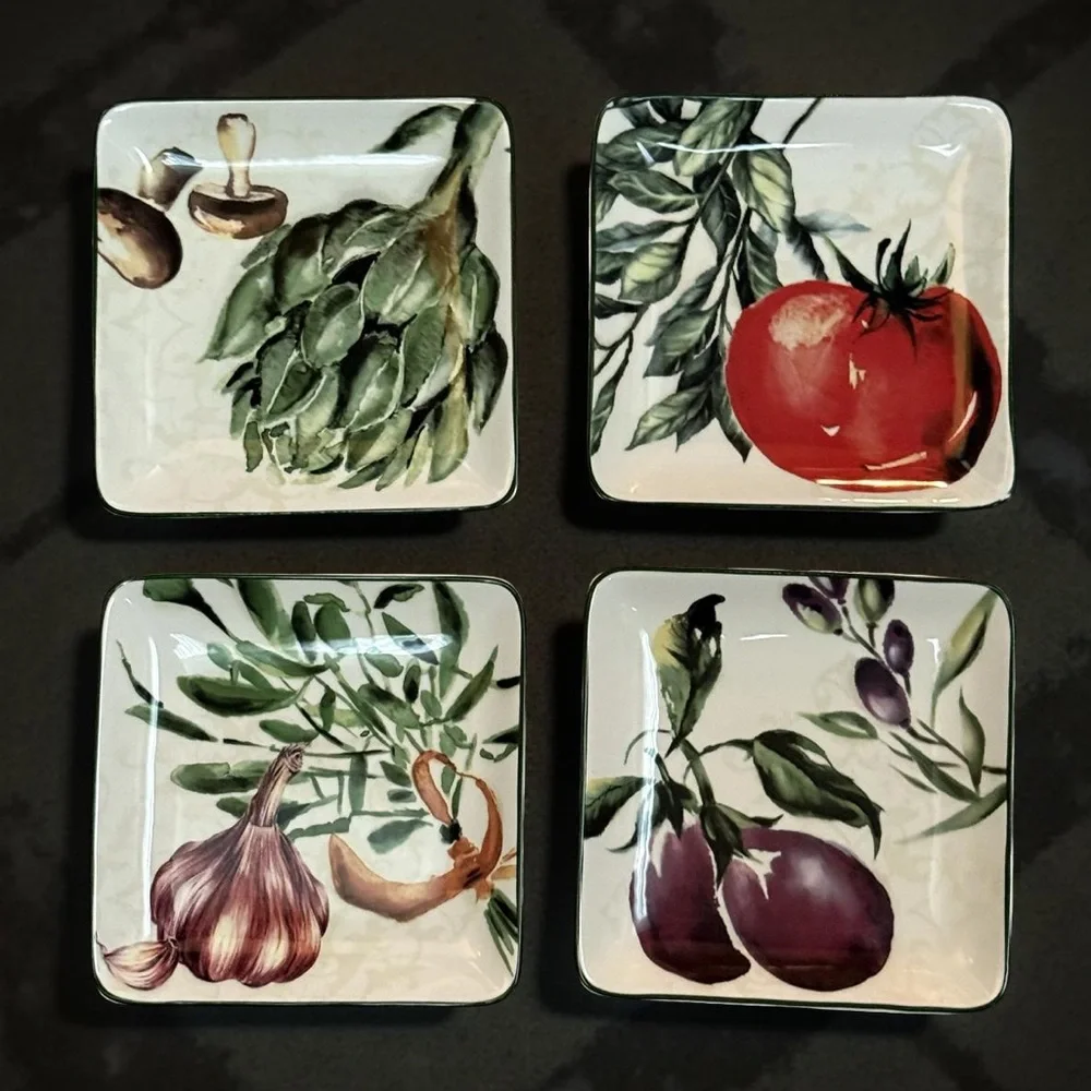 Pier 1 Imports NWT Set of 4 Square Cocktail Vegetable Design Ceramic Plates